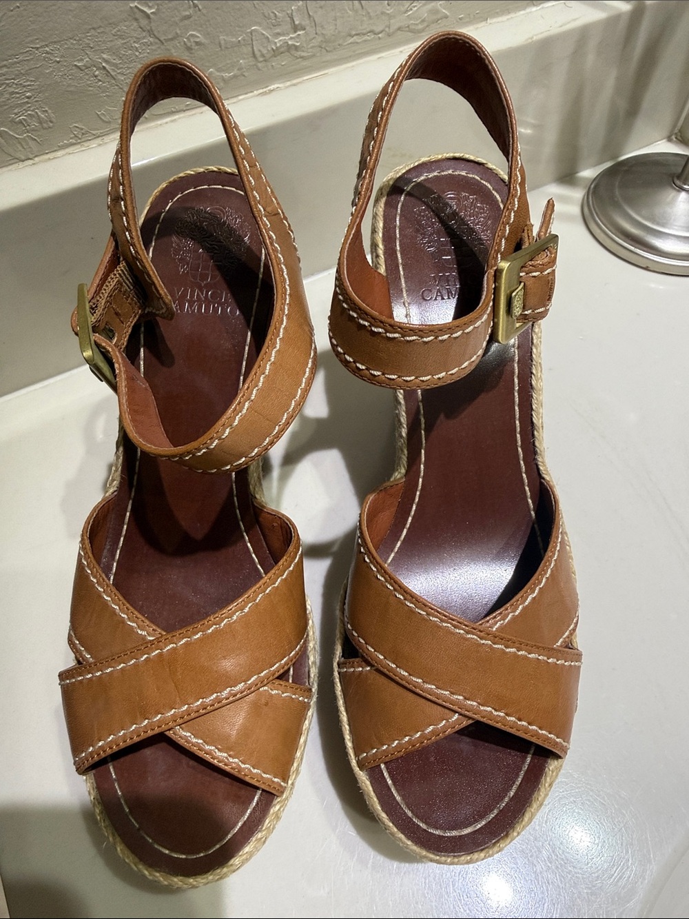 Vince Camuto Tan Leather Cross‑Strap Espadrille Wedge Sandals